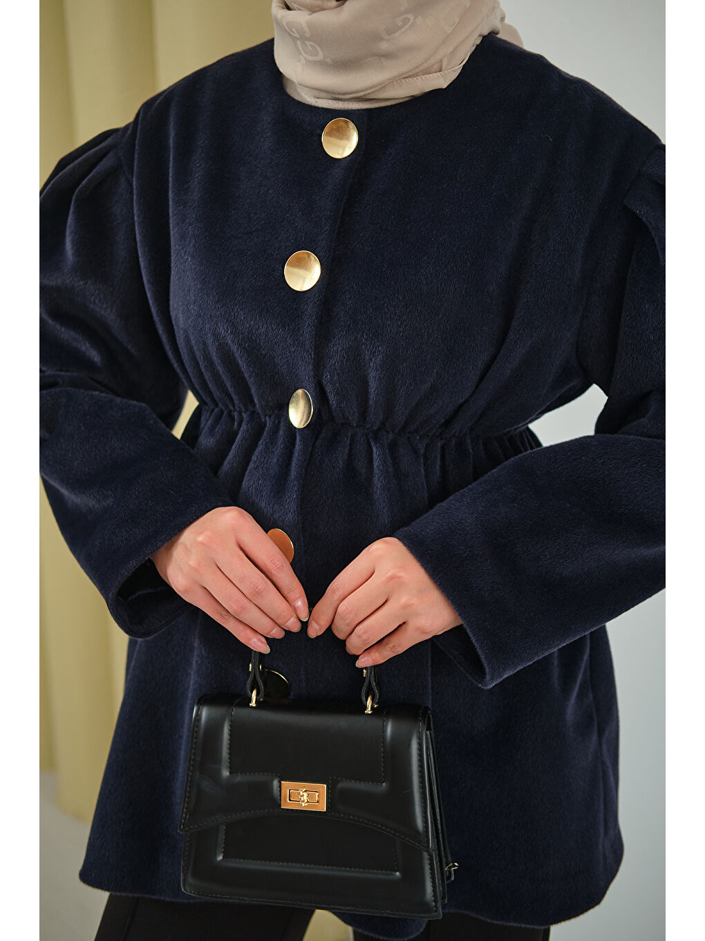 Kadın Beli Lastikli Angora Ceket Lacivert-4