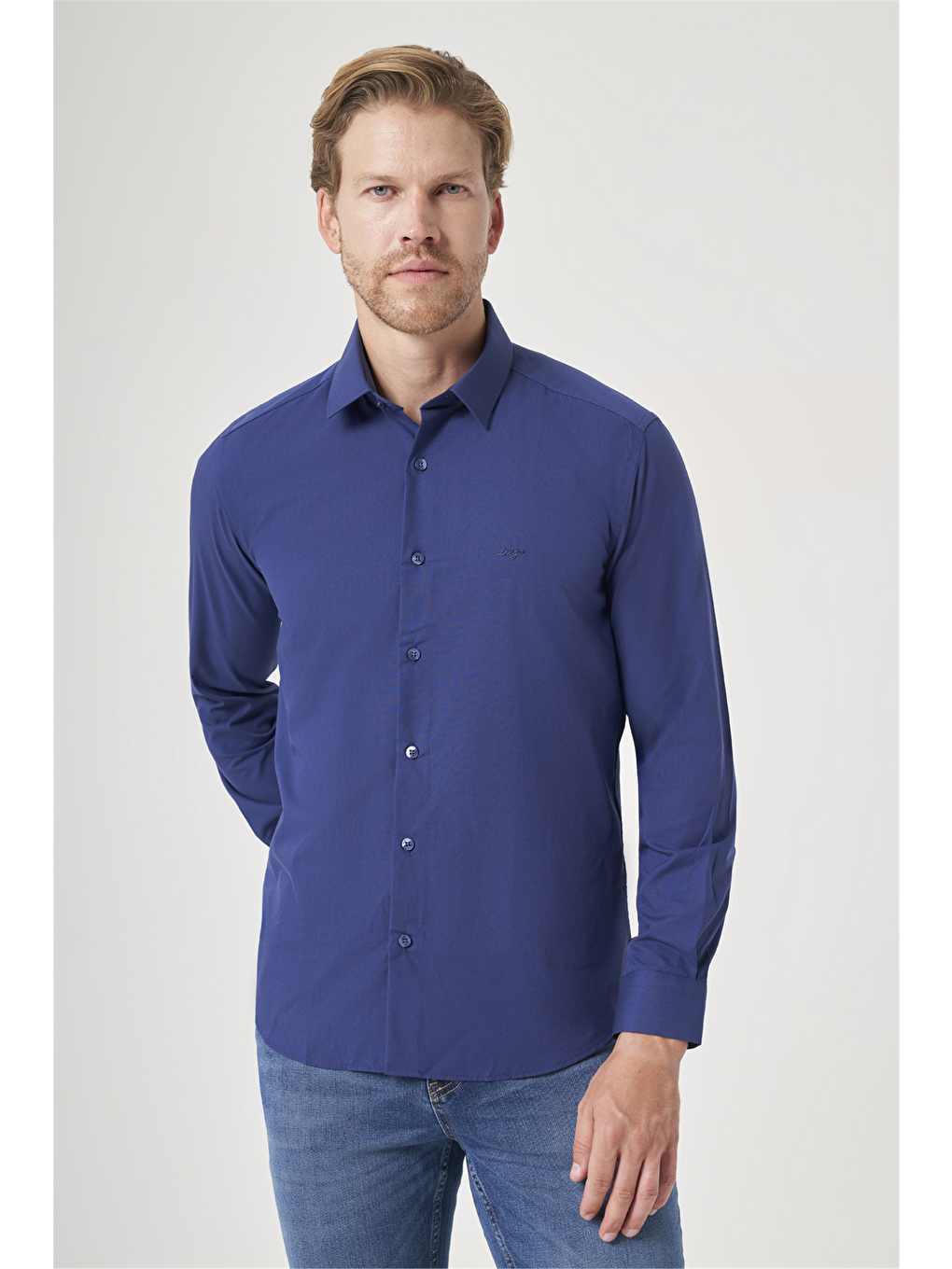 Lacivert Sert Yaka Uzun Kol Cepsiz Slim Fit Pamuklu Gömlek 1004260181-2