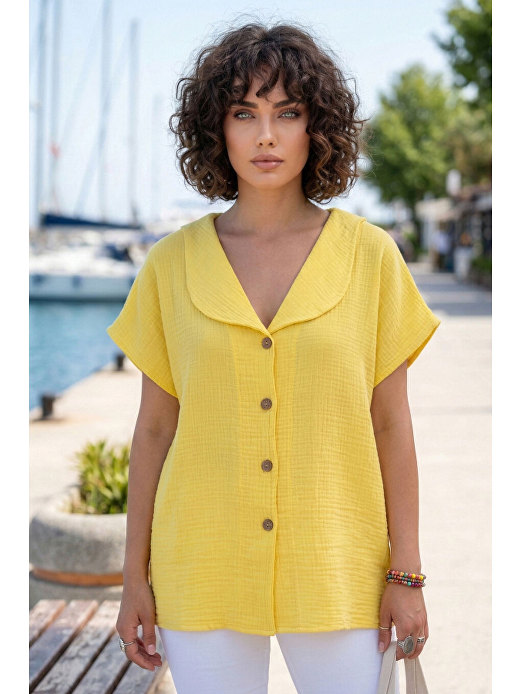Sarı Bebe Yaka Düşük Kol Düğmeli Casual Müslin Oversize Dokuma Bluz 70 65-2