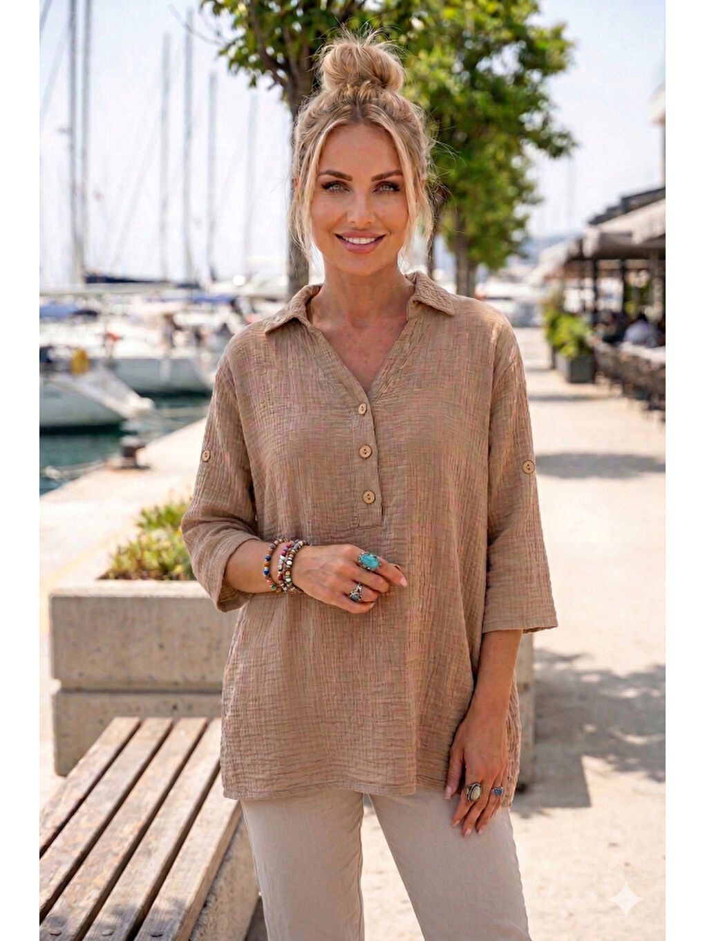 Kahverengi Camel Gömlek Yaka Düğmeli 3/4 Kol Yanları Düğmeli Casual Müslin Dokuma Bluz 67 67-1