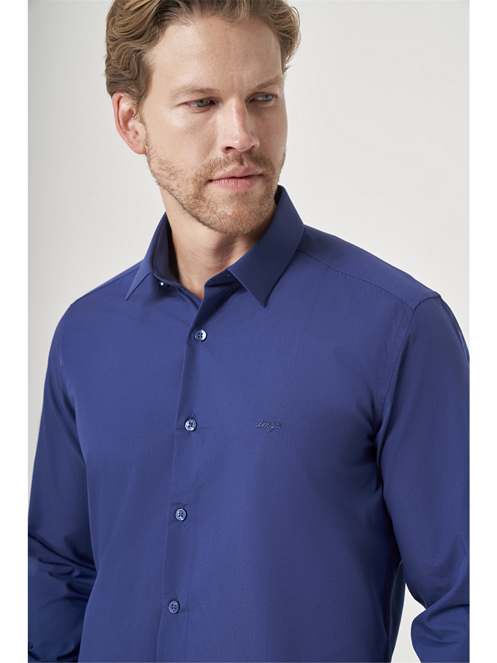 Lacivert Sert Yaka Uzun Kol Cepsiz Slim Fit Pamuklu Gömlek 1004260181-3
