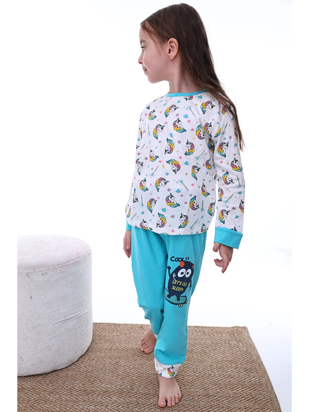 Myhanne Turkuaz Unicorn Desenli Kız Pijama Takımı 2208 - 2