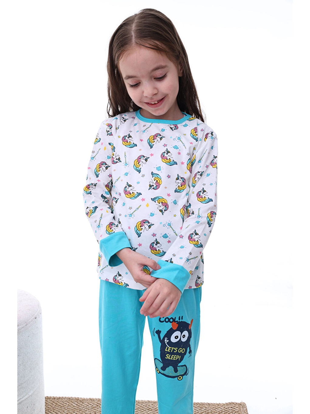 Myhanne Turkuaz Unicorn Desenli Kız Pijama Takımı 2208 - 3