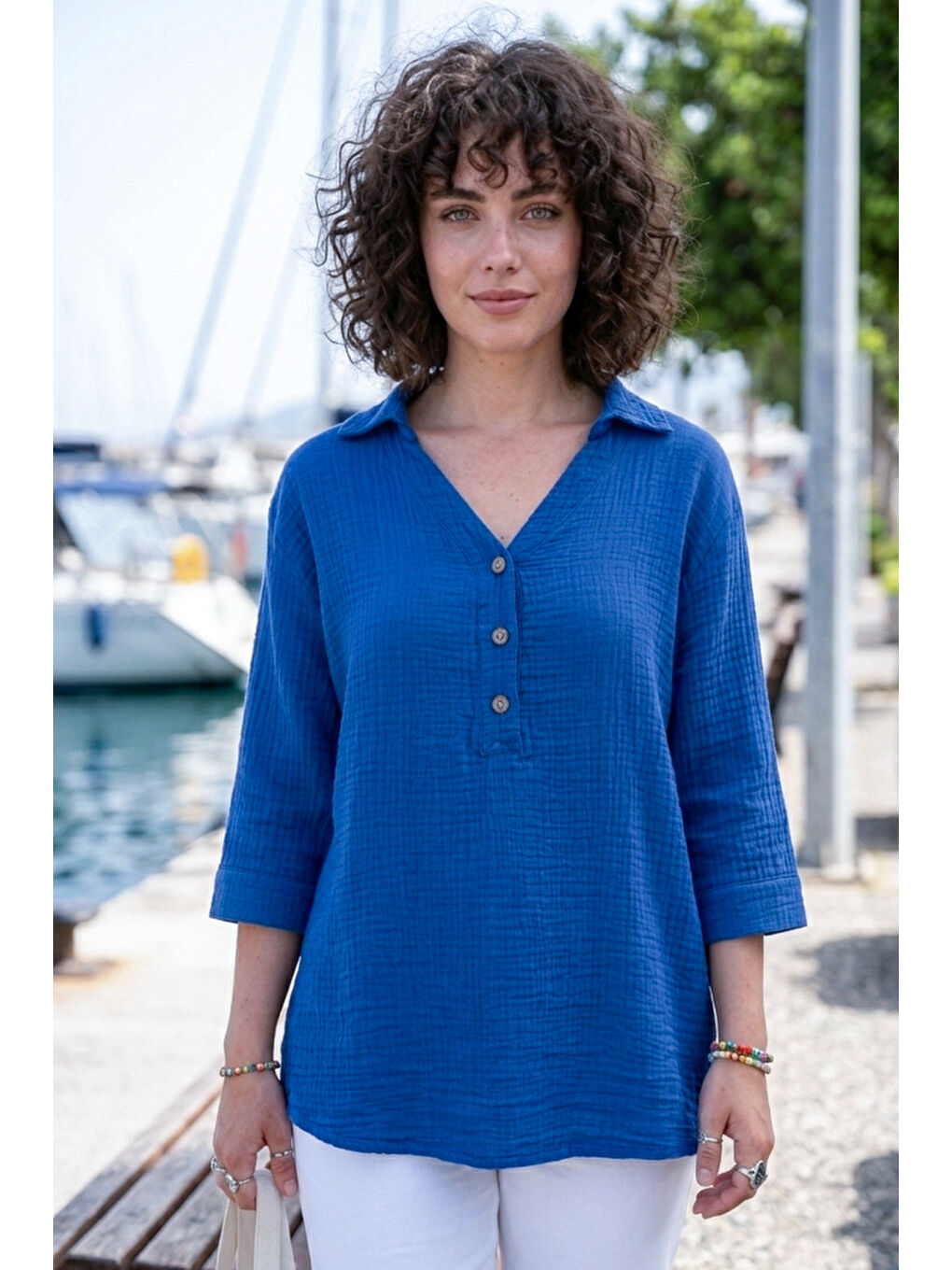 Mavi Gömlek Yaka Düğmeli 3/4 Kol Yanları Düğmeli Casual Müslin Dokuma Bluz 67 67-2