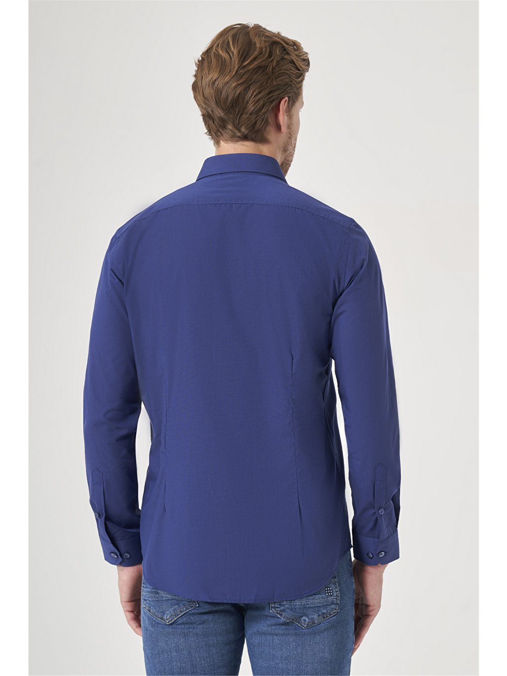 Lacivert Sert Yaka Uzun Kol Cepsiz Slim Fit Pamuklu Gömlek 1004260181-4