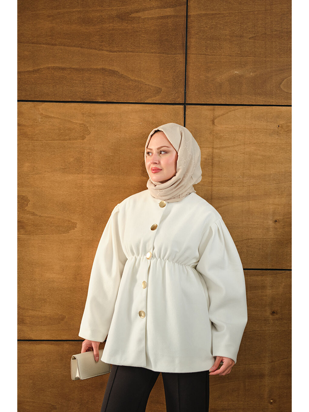 Kadın Beli Lastikli Angora Ceket Beyaz-1