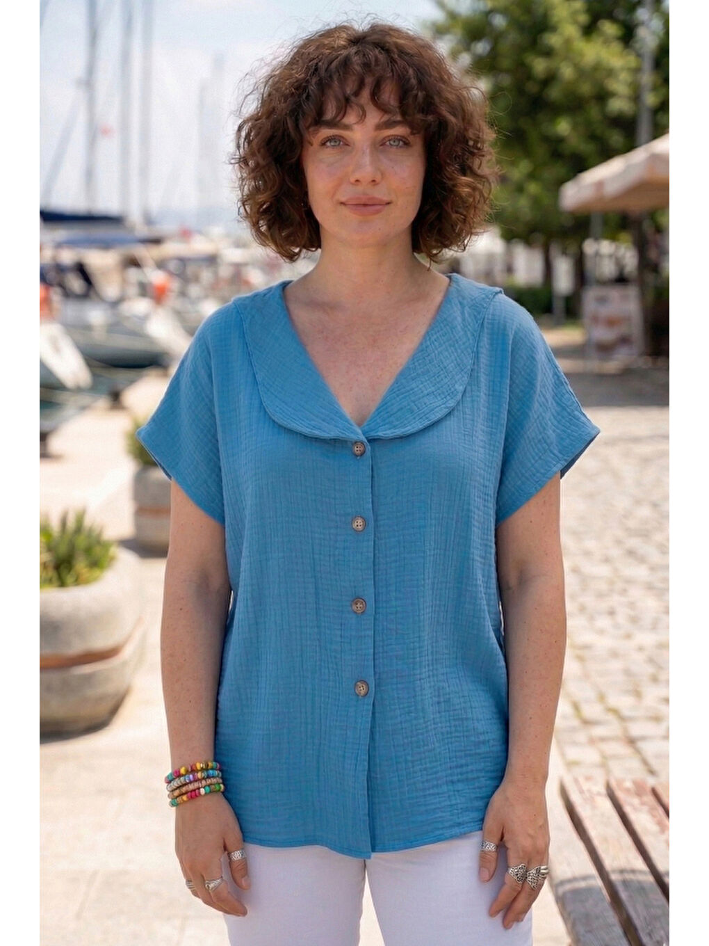 Mavi Bebe Yaka Düşük Kol Düğmeli Casual Müslin Oversize Dokuma Bluz 70 65-1