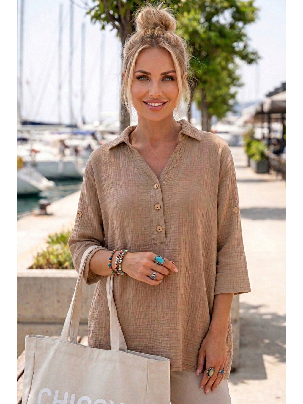 Kahverengi Camel Gömlek Yaka Düğmeli 3/4 Kol Yanları Düğmeli Casual Müslin Dokuma Bluz 67 67-2