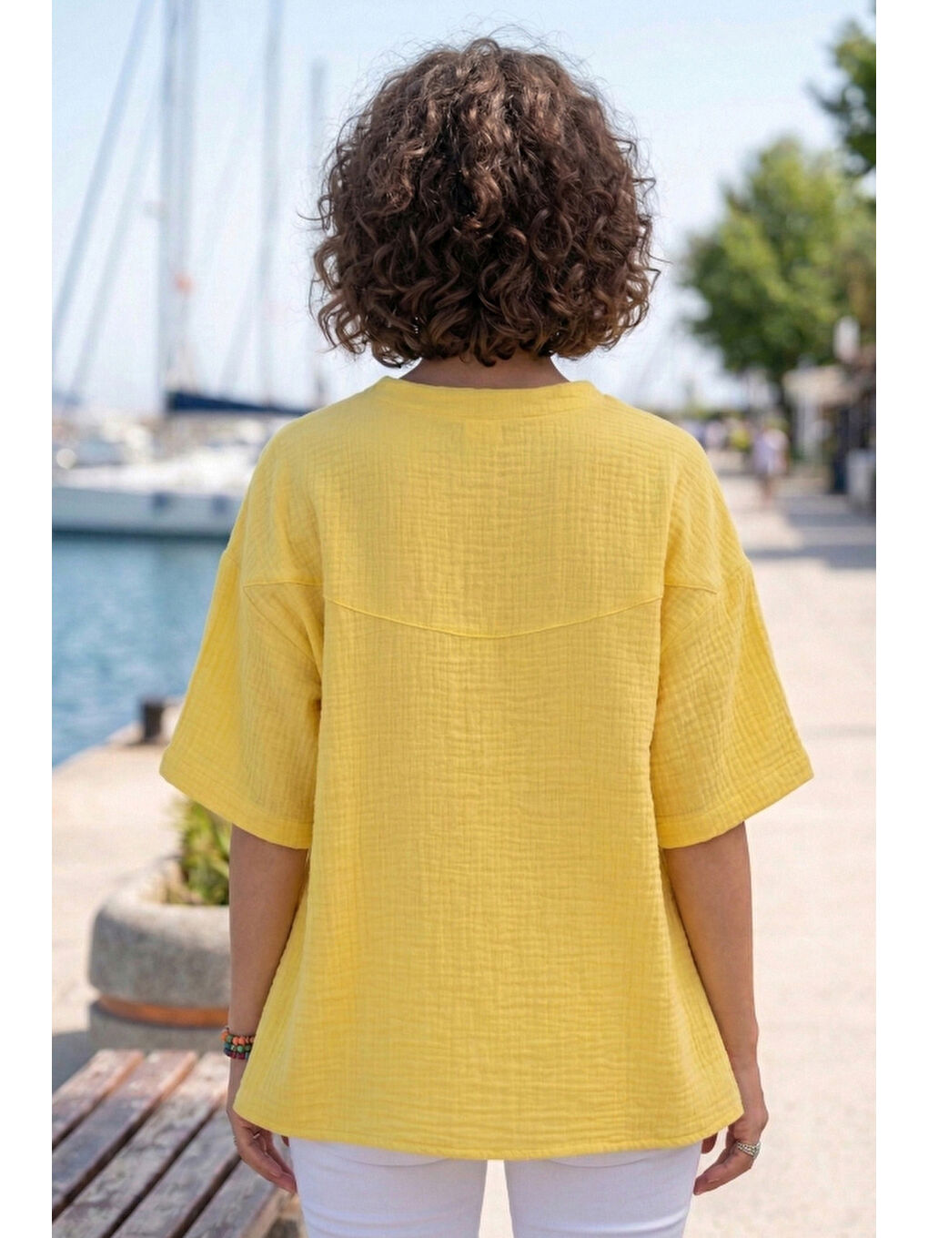 Sarı Bebe Yaka Düşük Kol Düğmeli Casual Müslin Oversize Dokuma Bluz 70 65-4