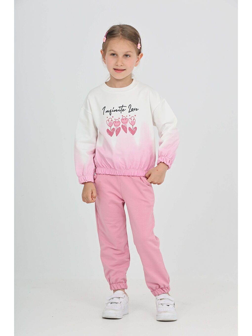 Pembe Kız Çocuk Tram Geçişli Çiçek Baskılı Eşofman Takım