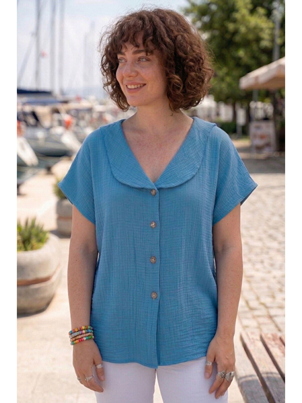 Mavi Bebe Yaka Düşük Kol Düğmeli Casual Müslin Oversize Dokuma Bluz 70 65-2