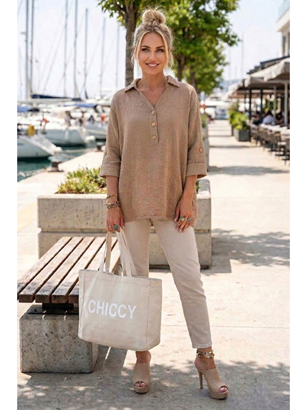 Kahverengi Camel Gömlek Yaka Düğmeli 3/4 Kol Yanları Düğmeli Casual Müslin Dokuma Bluz 67 67-3