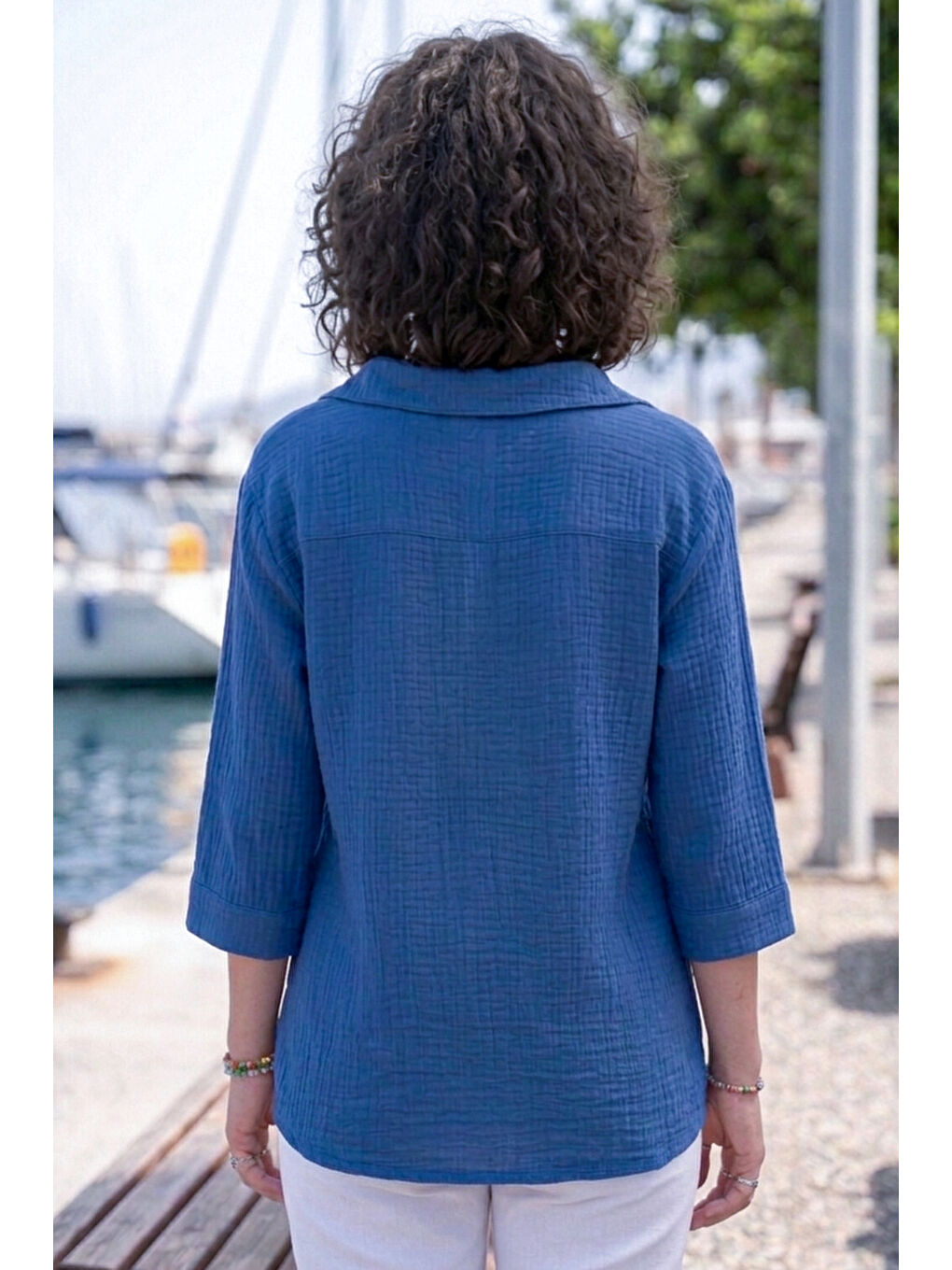 Mavi Gömlek Yaka Düğmeli 3/4 Kol Yanları Düğmeli Casual Müslin Dokuma Bluz 67 67-4