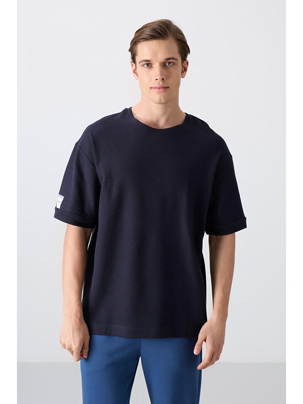 TOMMYLIFE Lacivert Pamuklu Kalın Yüzeyi Dokulu Oversize Fit Basic Erkek T-Shirt - 88339