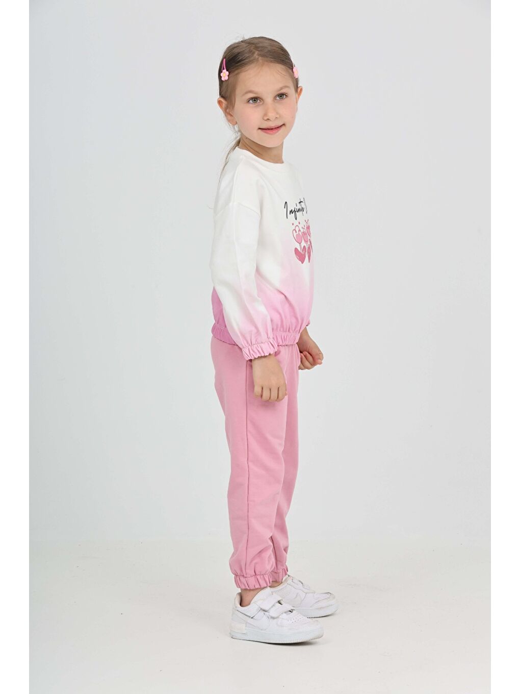 Pembe Kız Çocuk Tram Geçişli Çiçek Baskılı Eşofman Takım-1