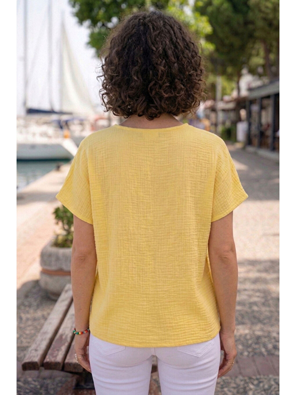 Sarı Bebe Yaka Düşük Kol Düğmeli Casual Müslin Oversize Dokuma Bluz 70 65-5