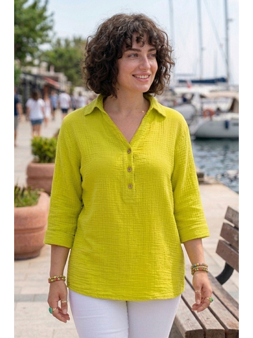 Fıstık Yeşili Gömlek Yaka Düğmeli 3/4 Kol Yanları Düğmeli Casual Müslin Dokuma Bluz 67 67-2