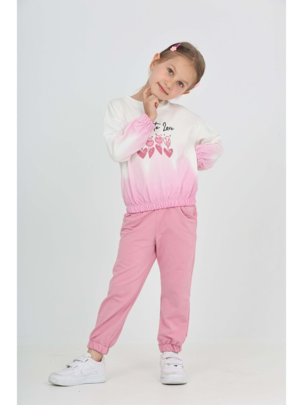 Pembe Kız Çocuk Tram Geçişli Çiçek Baskılı Eşofman Takım-3