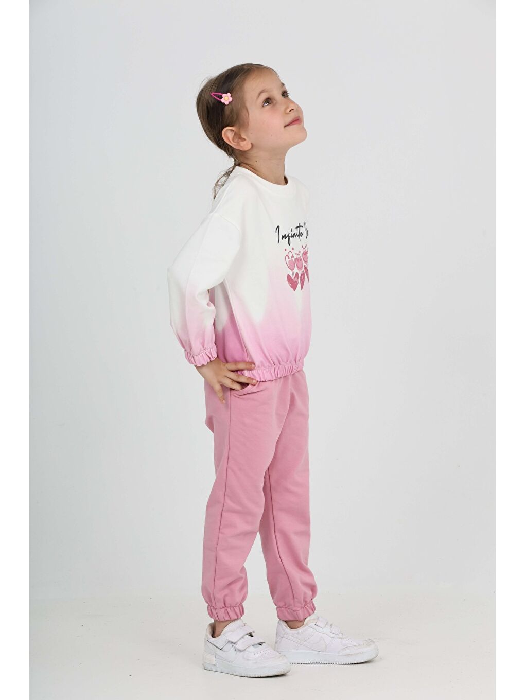 Pembe Kız Çocuk Tram Geçişli Çiçek Baskılı Eşofman Takım-4