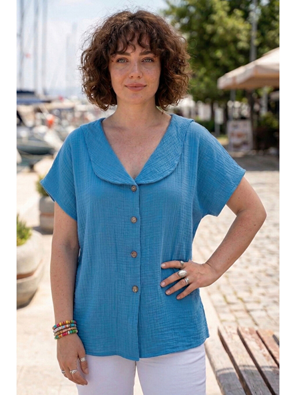 Mavi Bebe Yaka Düşük Kol Düğmeli Casual Müslin Oversize Dokuma Bluz 70 65-3