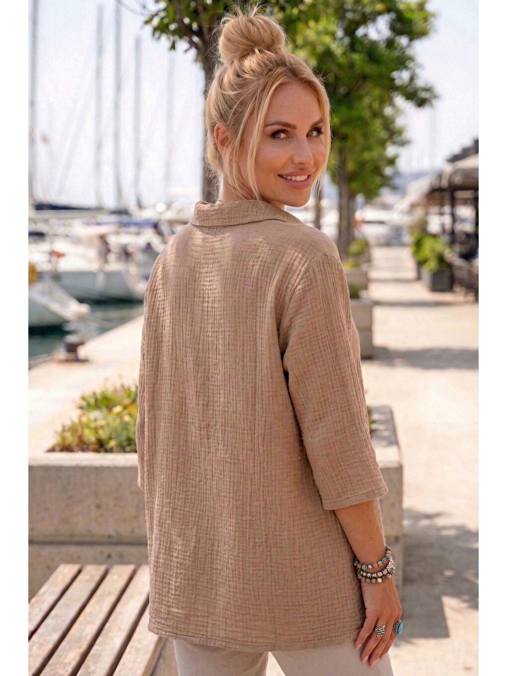 Kahverengi Camel Gömlek Yaka Düğmeli 3/4 Kol Yanları Düğmeli Casual Müslin Dokuma Bluz 67 67-4