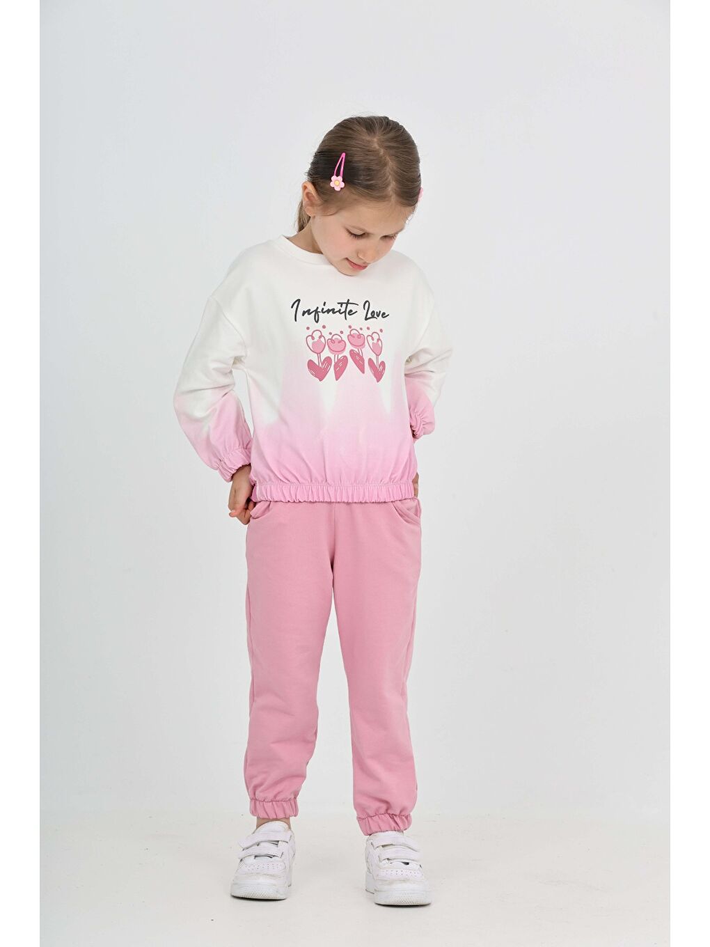 Pembe Kız Çocuk Tram Geçişli Çiçek Baskılı Eşofman Takım-5