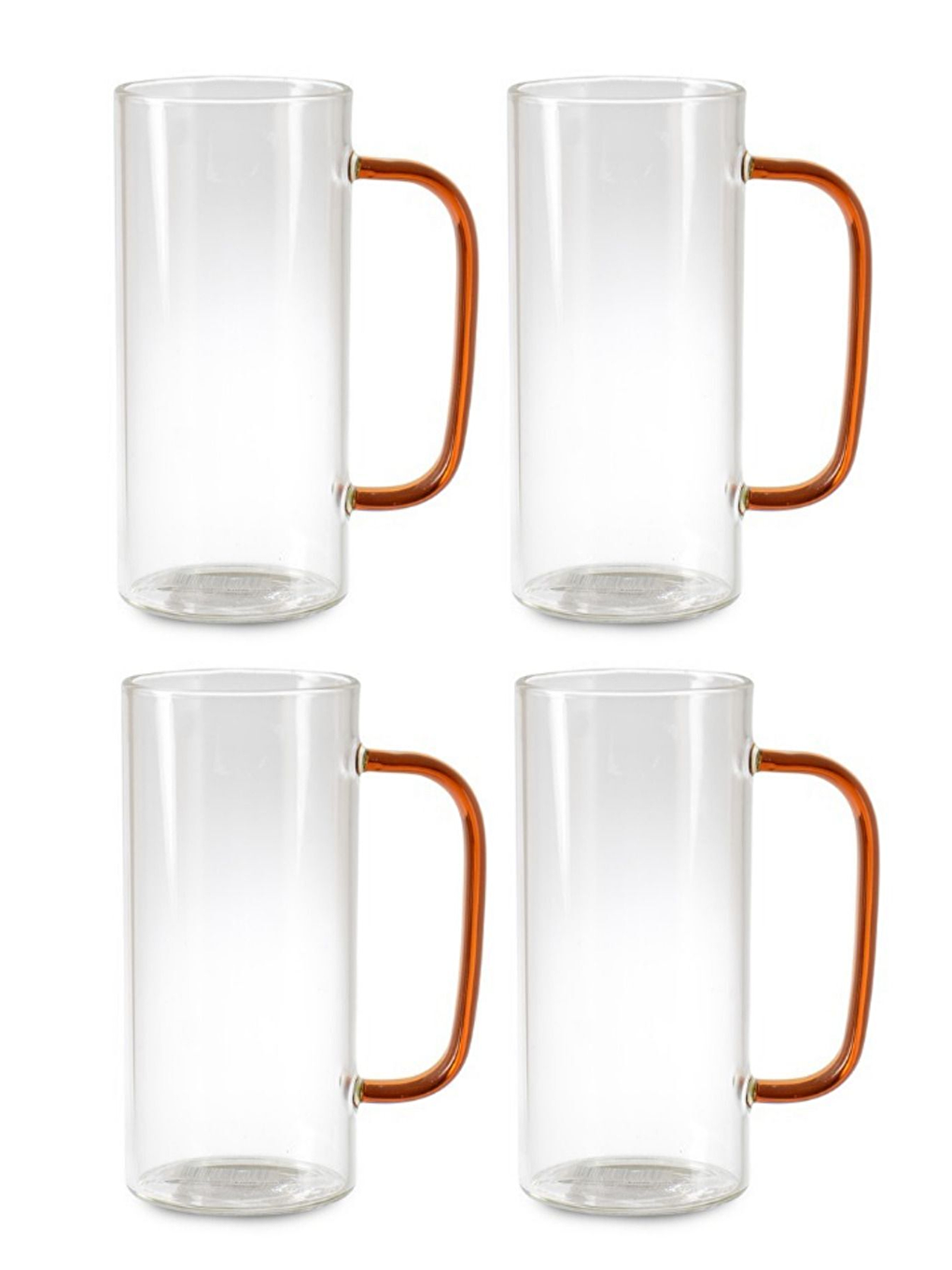 Renksiz Turuncu Renkli Borosilikat Cam Yuvarlak Kulplu Kupa 400 ml 4 Adet