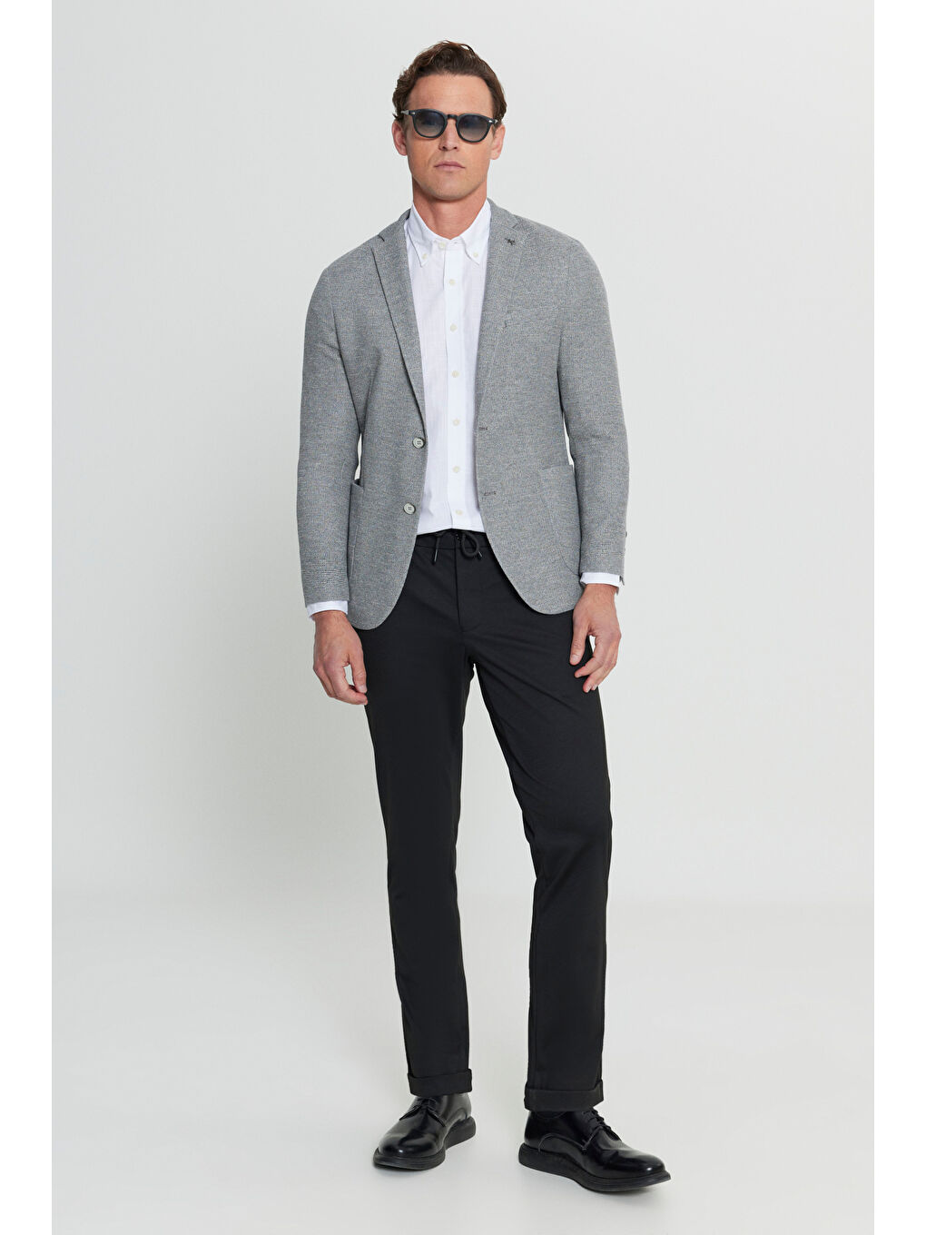 Erkek Gri 360 Her Yöne Esneyen Slim Fit Dar Kesim Mono Yaka Armürlü Torba Cepli Blazer Ceket-2