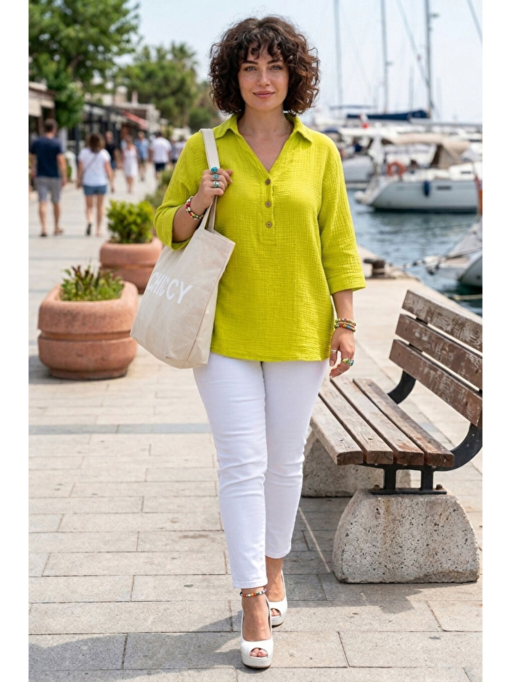 Fıstık Yeşili Gömlek Yaka Düğmeli 3/4 Kol Yanları Düğmeli Casual Müslin Dokuma Bluz 67 67-3