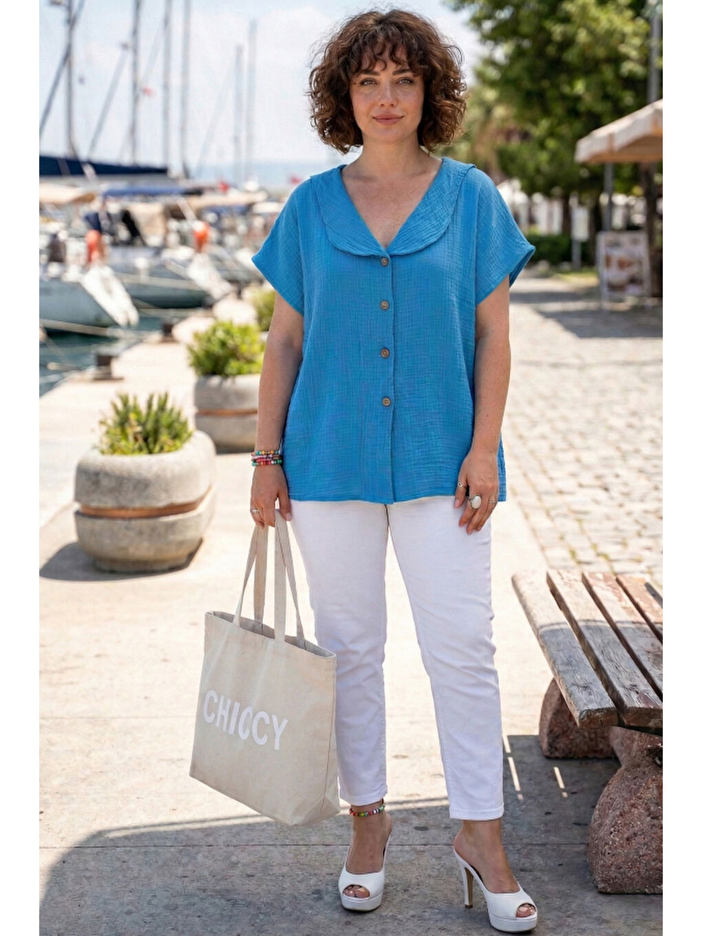 Mavi Bebe Yaka Düşük Kol Düğmeli Casual Müslin Oversize Dokuma Bluz 70 65-4