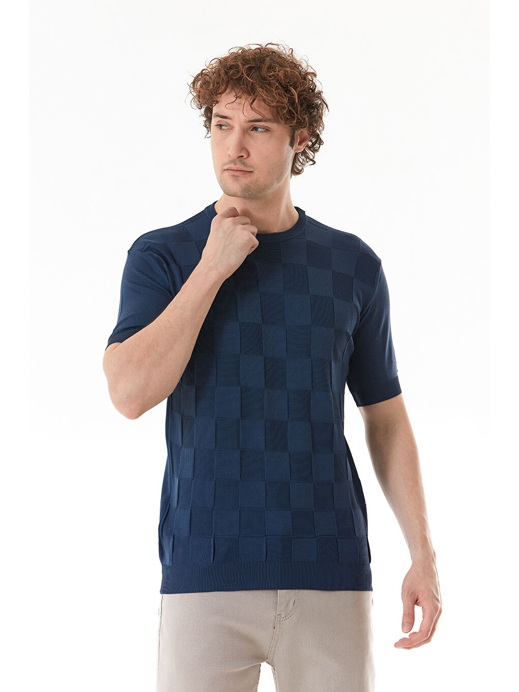 İndigo Dama Desenli Triko Tişört