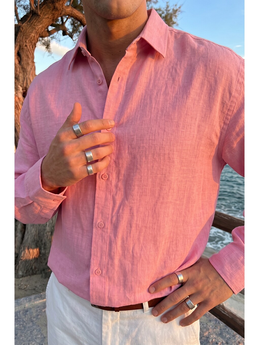 Pembe Jora Premium %100 Pamuk Keten Regular Fit Erkek Gömlek-2