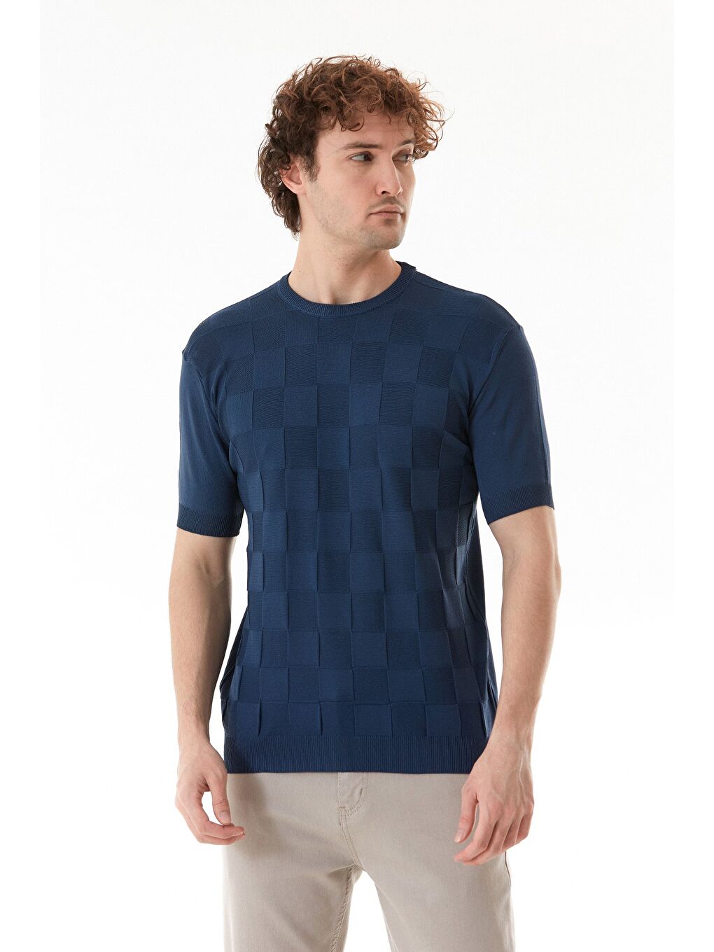 İndigo Dama Desenli Triko Tişört-1