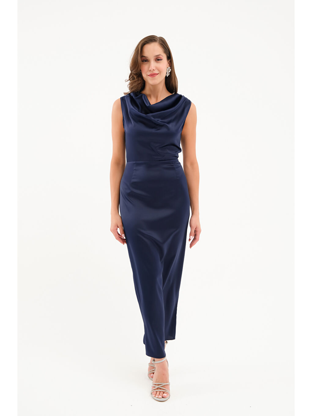 Kadın Lacivert Degaje Yaka Midi Saten Elbise
