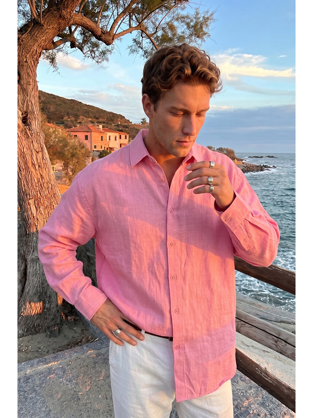 Pembe Jora Premium %100 Pamuk Keten Regular Fit Erkek Gömlek-3