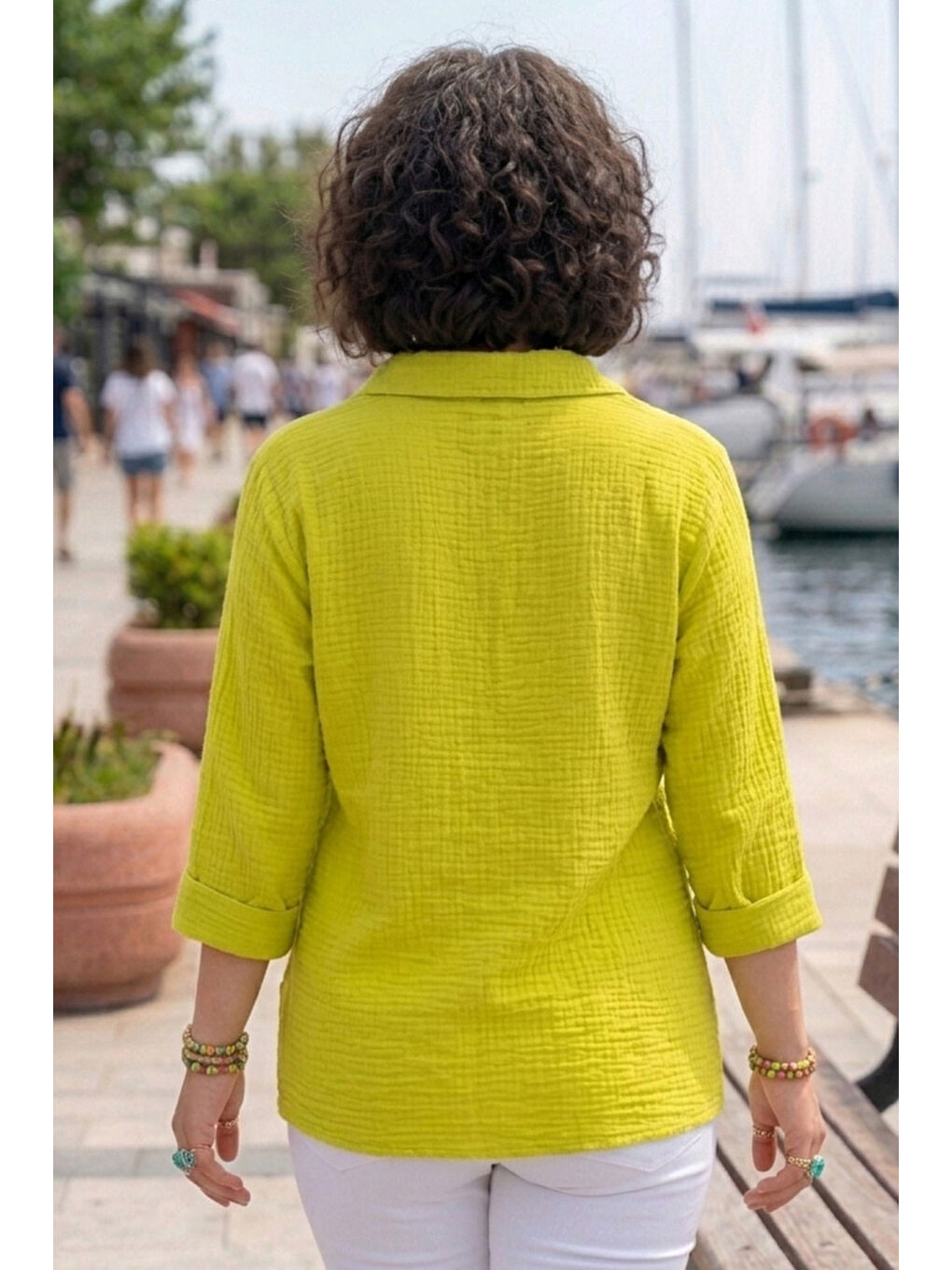 Fıstık Yeşili Gömlek Yaka Düğmeli 3/4 Kol Yanları Düğmeli Casual Müslin Dokuma Bluz 67 67-4