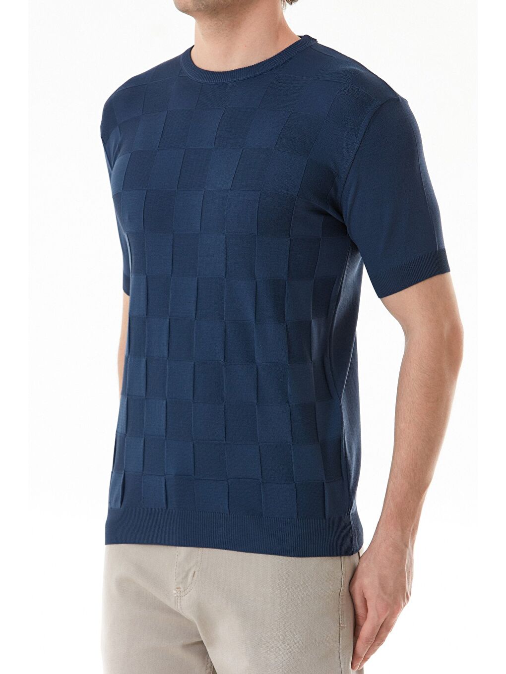 İndigo Dama Desenli Triko Tişört-3