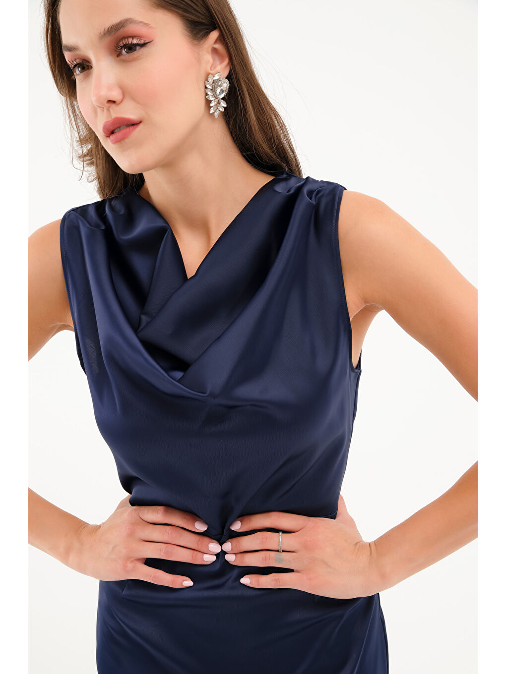 Kadın Lacivert Degaje Yaka Midi Saten Elbise-1