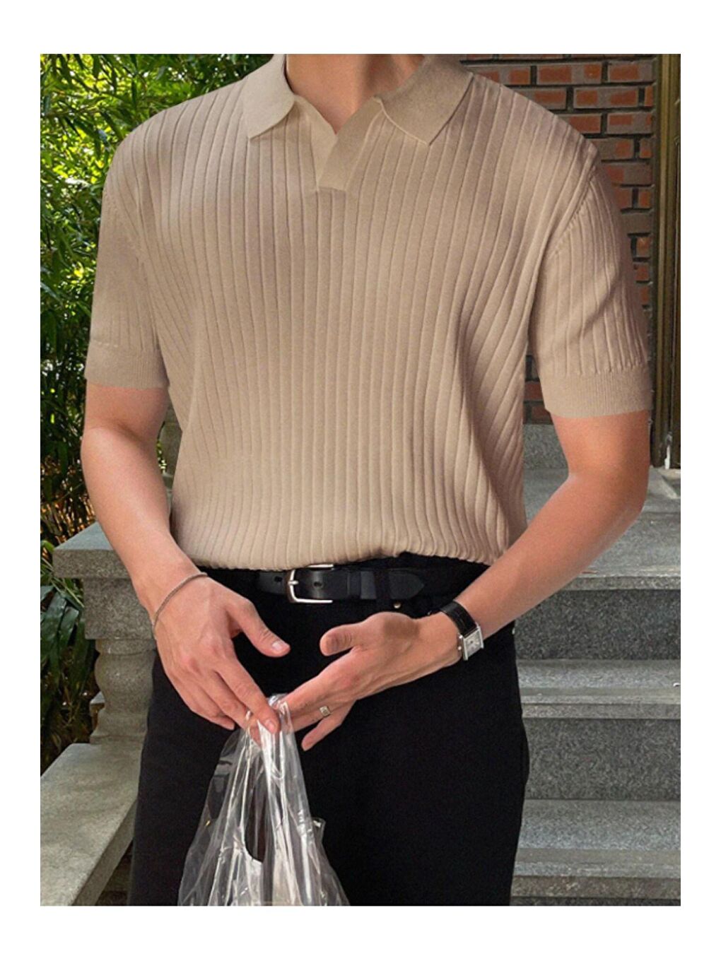 Bej Erkek Fitilli Polo Yaka Triko Tişört-1