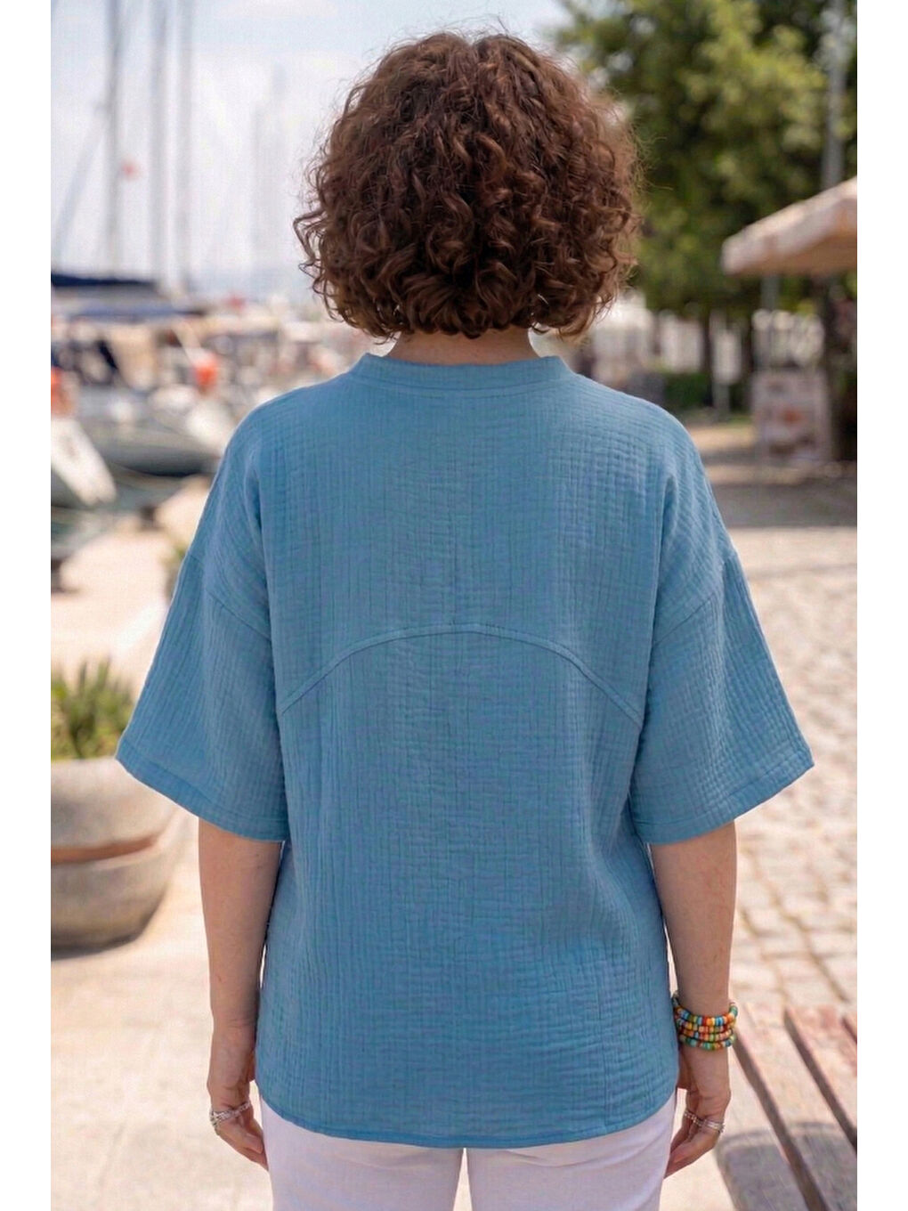 Mavi Bebe Yaka Düşük Kol Düğmeli Casual Müslin Oversize Dokuma Bluz 70 65-5