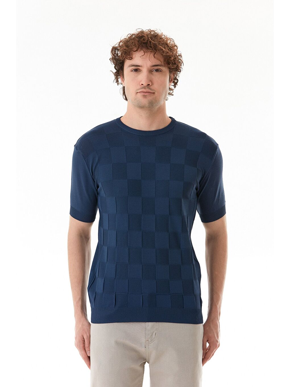 İndigo Dama Desenli Triko Tişört-4