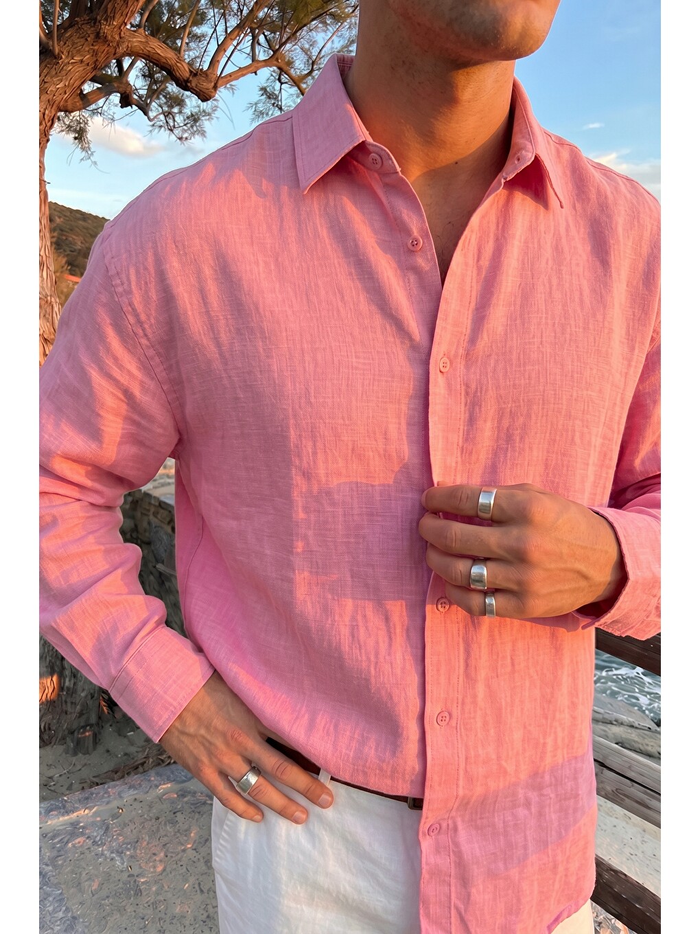 Pembe Jora Premium %100 Pamuk Keten Regular Fit Erkek Gömlek-4