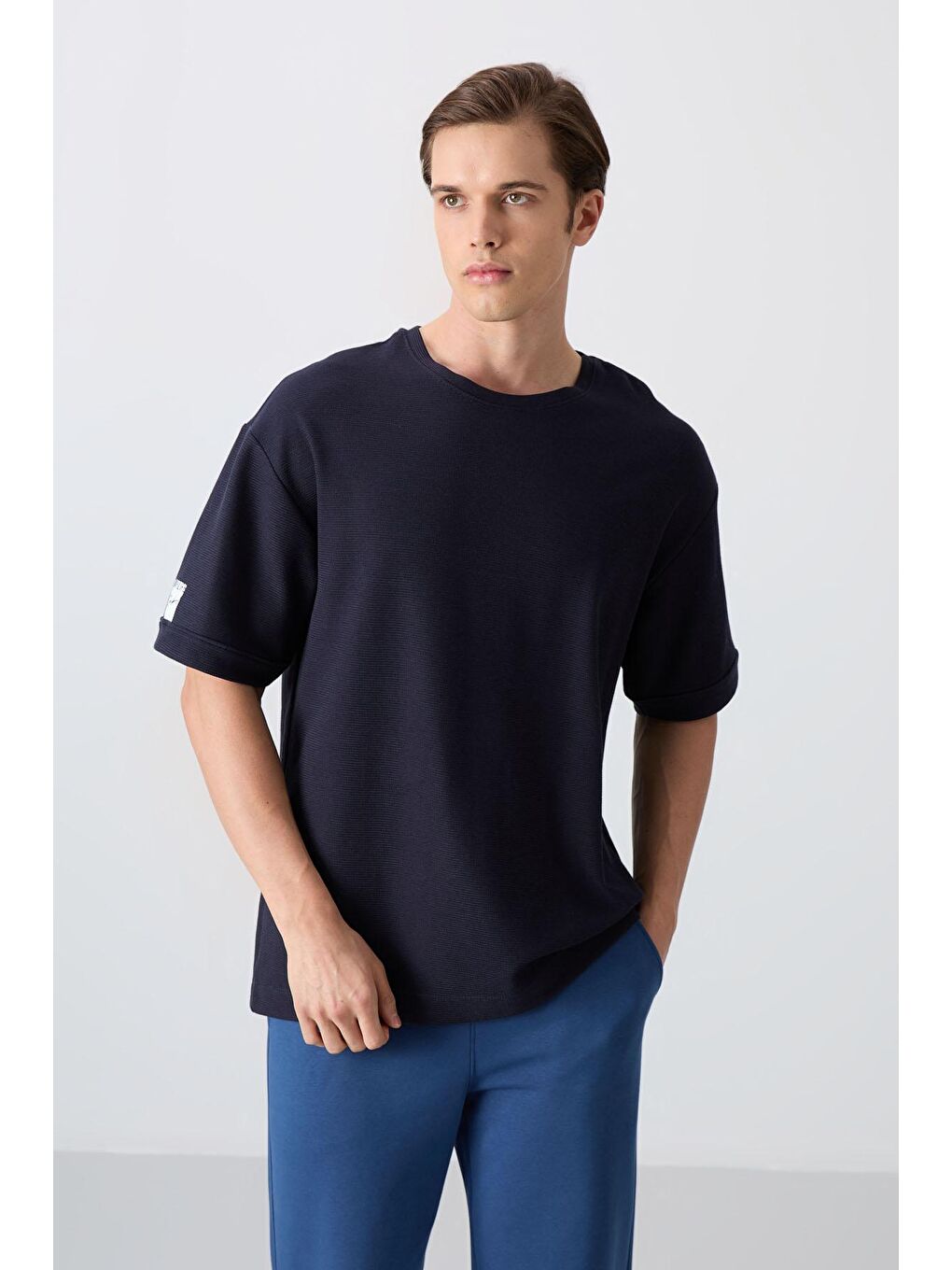 TOMMYLIFE Lacivert Pamuklu Kalın Yüzeyi Dokulu Oversize Fit Basic Erkek T-Shirt - 88339 - 3