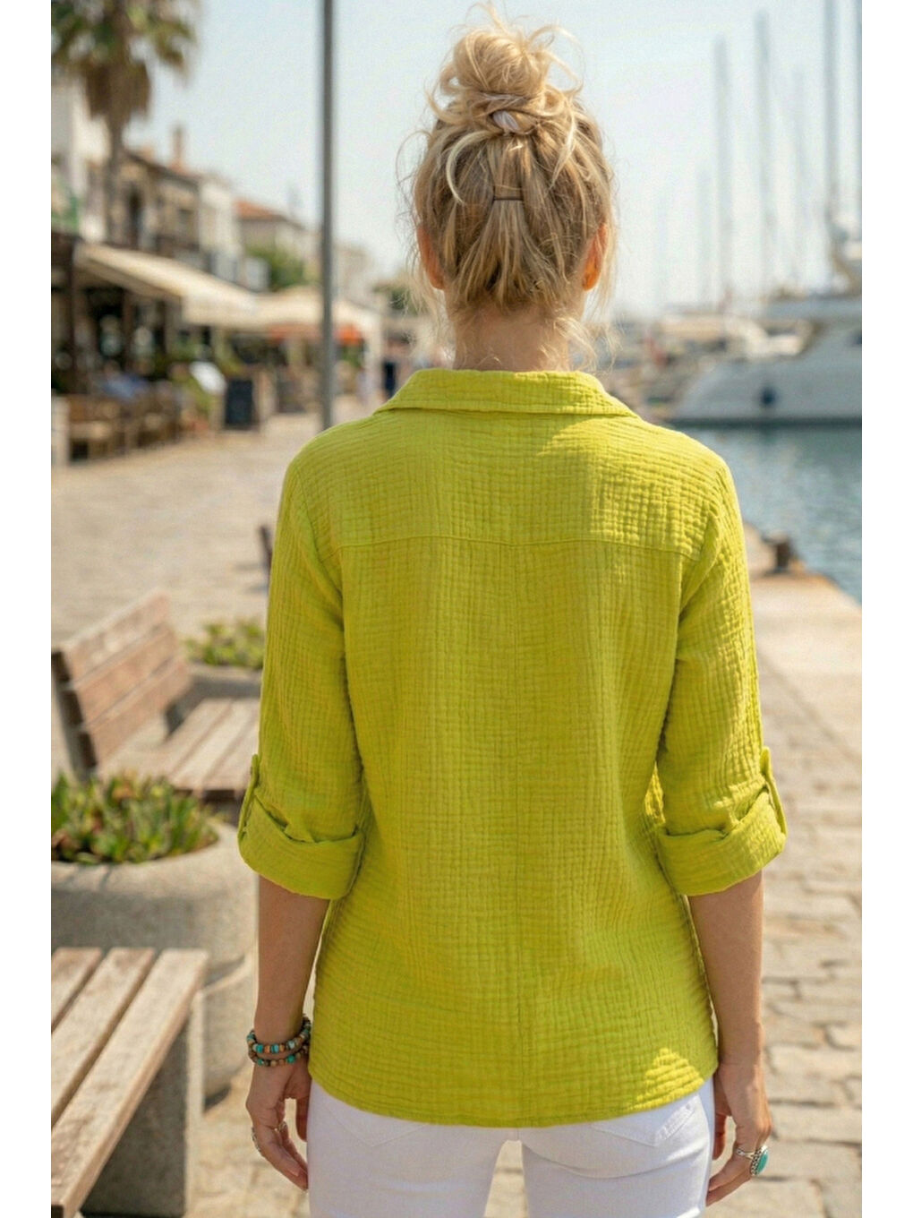 Fıstık Yeşili Gömlek Yaka Düğmeli 3/4 Kol Yanları Düğmeli Casual Müslin Dokuma Bluz 67 67-5