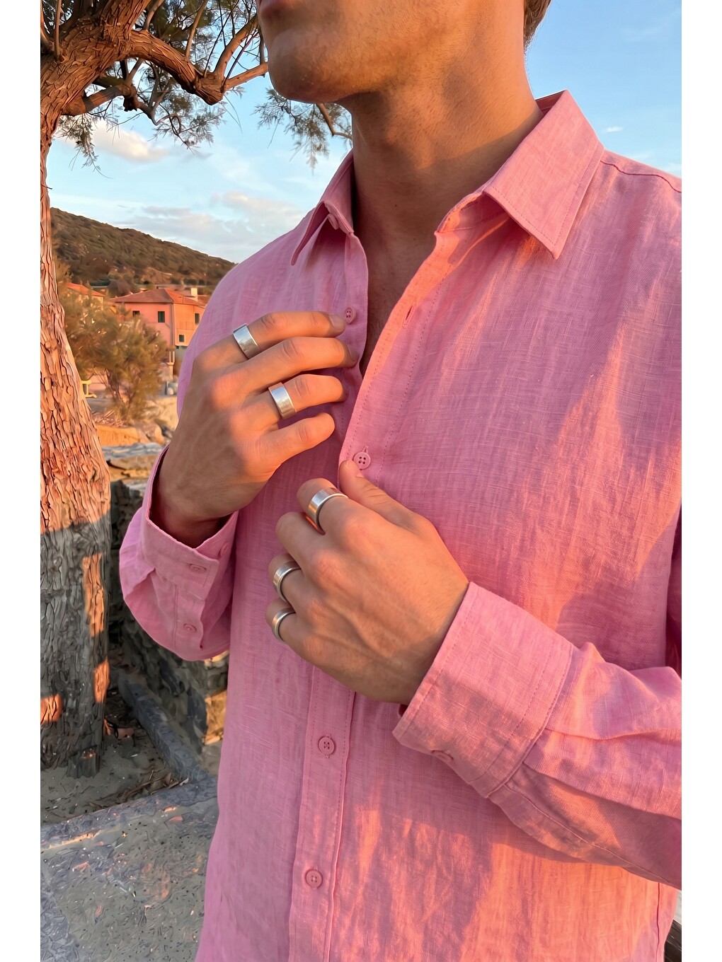 Pembe Jora Premium %100 Pamuk Keten Regular Fit Erkek Gömlek-5