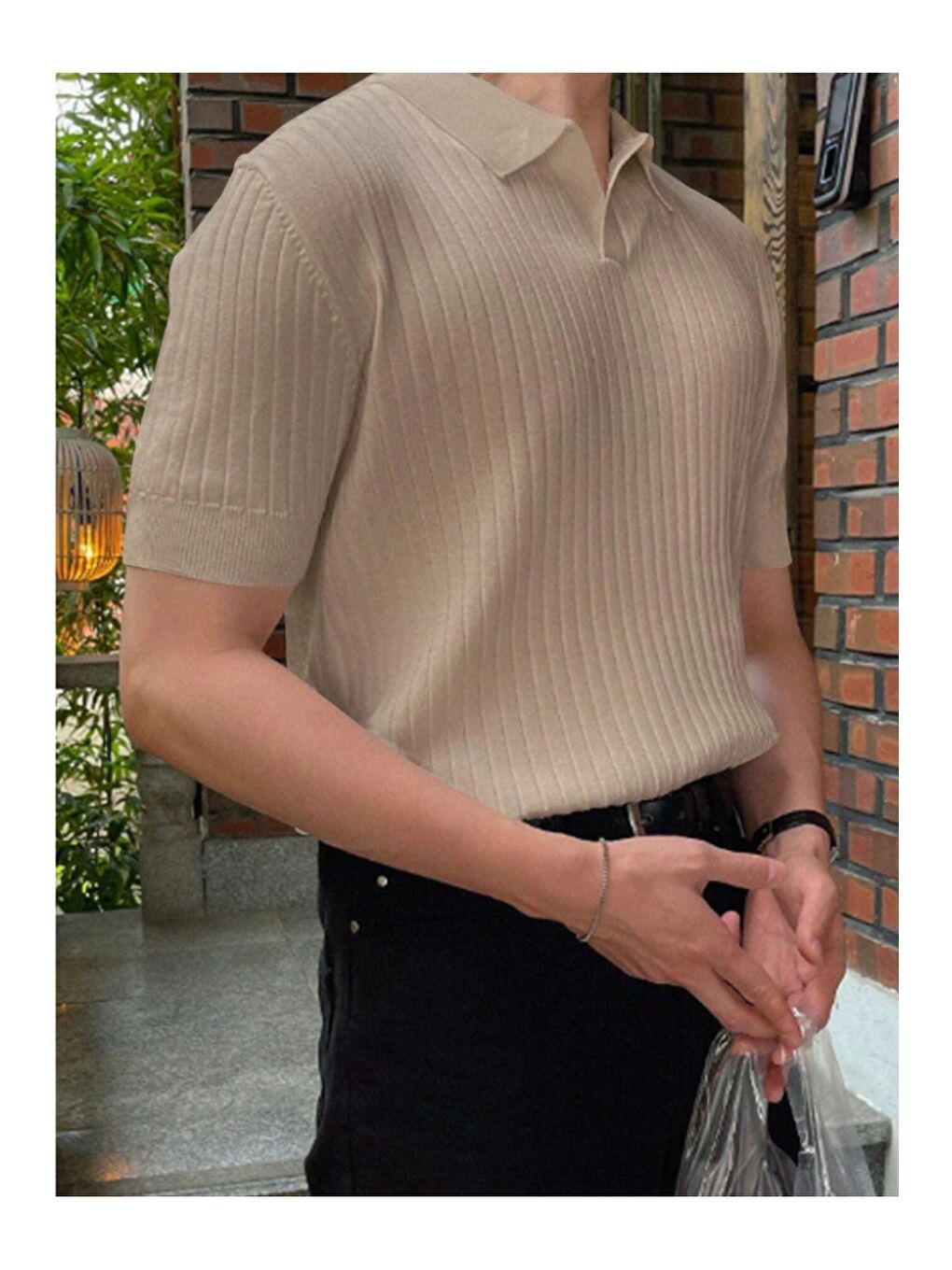 Bej Erkek Fitilli Polo Yaka Triko Tişört-2