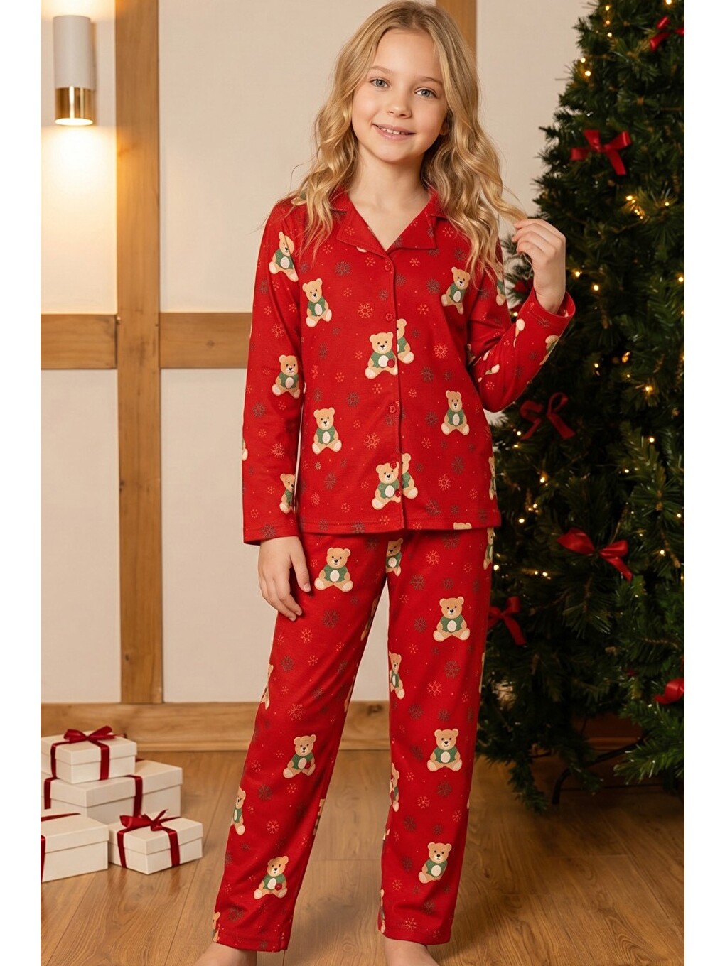 Kırmızı Yılbaşı Temalı Desenli Termal Kumaşlı Ultra Soft Yumuşak Düğmeli Örme Pijama Takımı-3