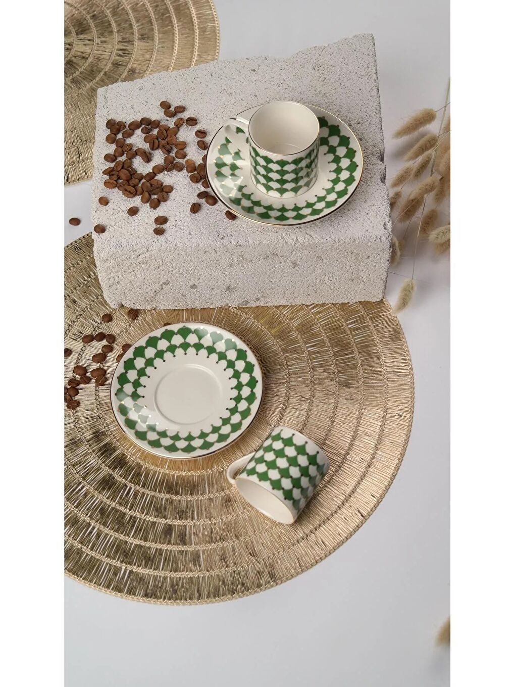 Beyaz Peyda Koyu Yeşil Kahve Fincan Takımı 80cc 2 Kişilik 4 Parça