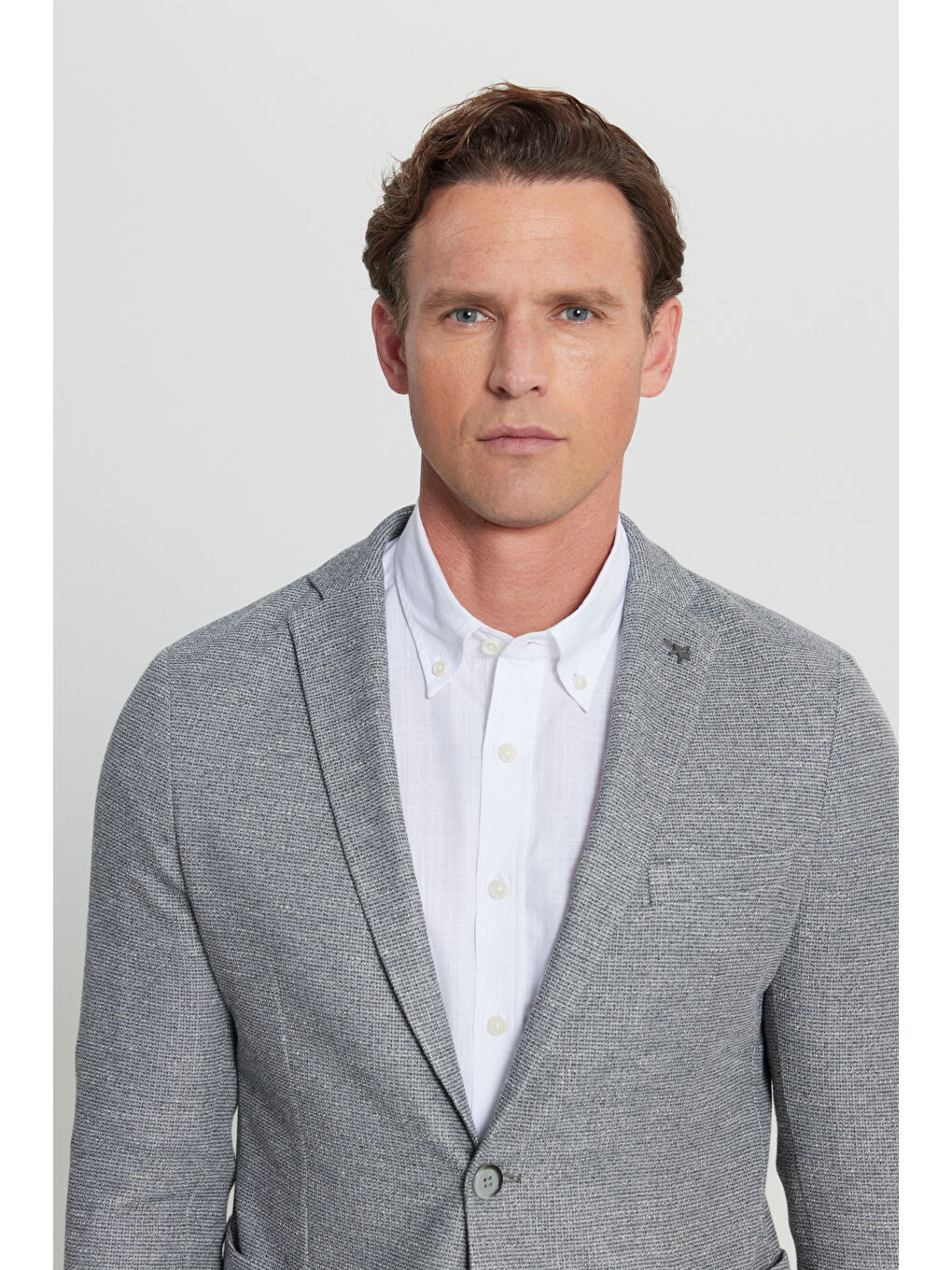 Erkek Gri 360 Her Yöne Esneyen Slim Fit Dar Kesim Mono Yaka Armürlü Torba Cepli Blazer Ceket-4