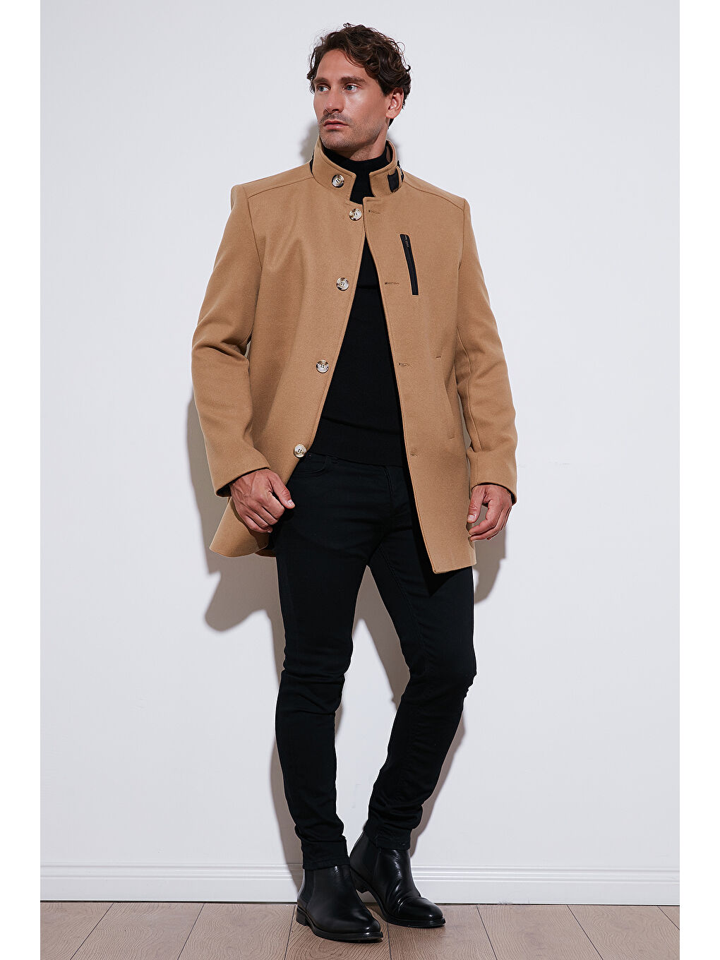 Kahverengi Slim Fit Düğmeli Dik Yaka Kaşe Erkek Kaban 5840099